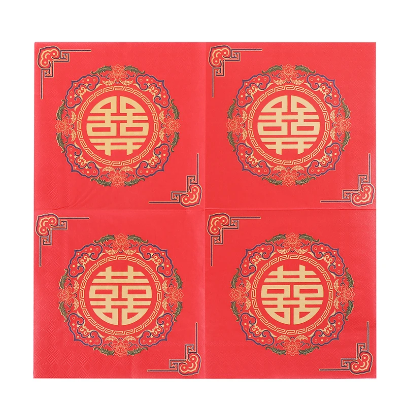 Chinesische rote doppelte Glück bunte Servietten bedrucktes Seidenpapier Hochzeit Weingläser Blumenarrangement Papier 20 Stück/Packung 2-Pl