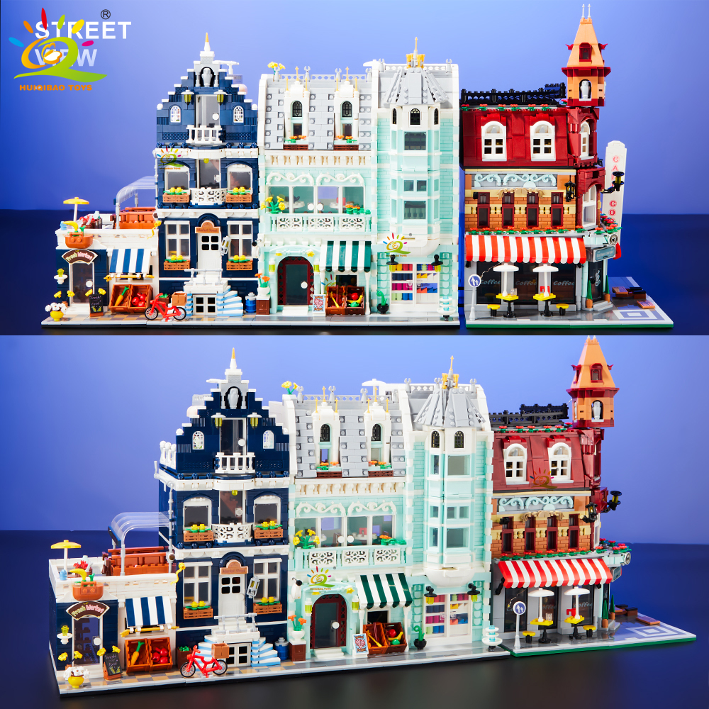 HUIQIBAO ของเล่น MOC City Corner ร้านกาแฟสถาปัตยกรรมสไตล์ Street View Micro Building Blocks สําหรับเด็กก่อสร้างอิฐ