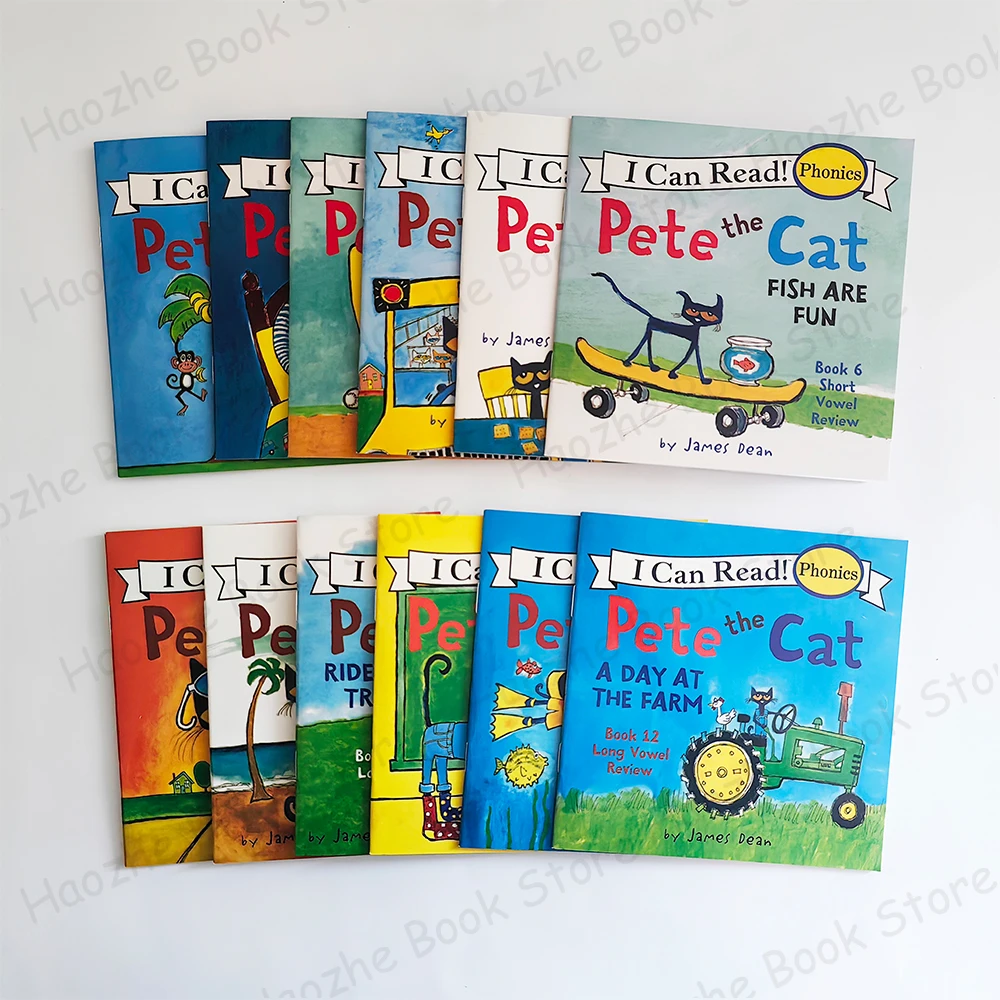 12 Bücher „Pete the Cat I Can Read Phonics“, englisches Bilderbuch, Geschichten-Taschenbuch für Kinder, Kinder, Montessori, Lese- und Schlafenszeit