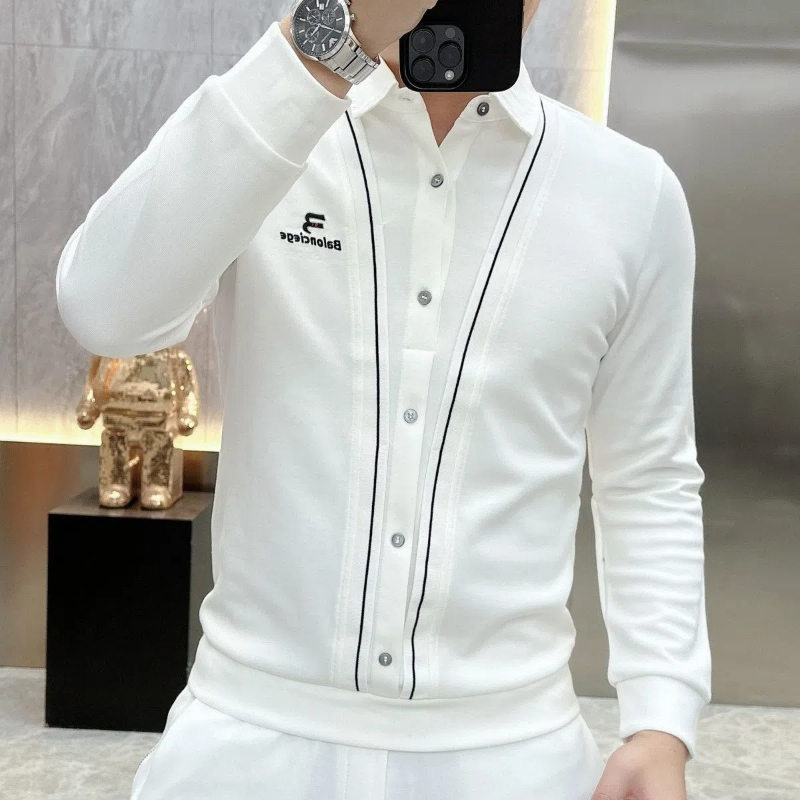 ビジネスカジュアル男性 Tシャツ春秋の新男性服偽二枚ストリートファッションオフィスソーシャル長袖トップス