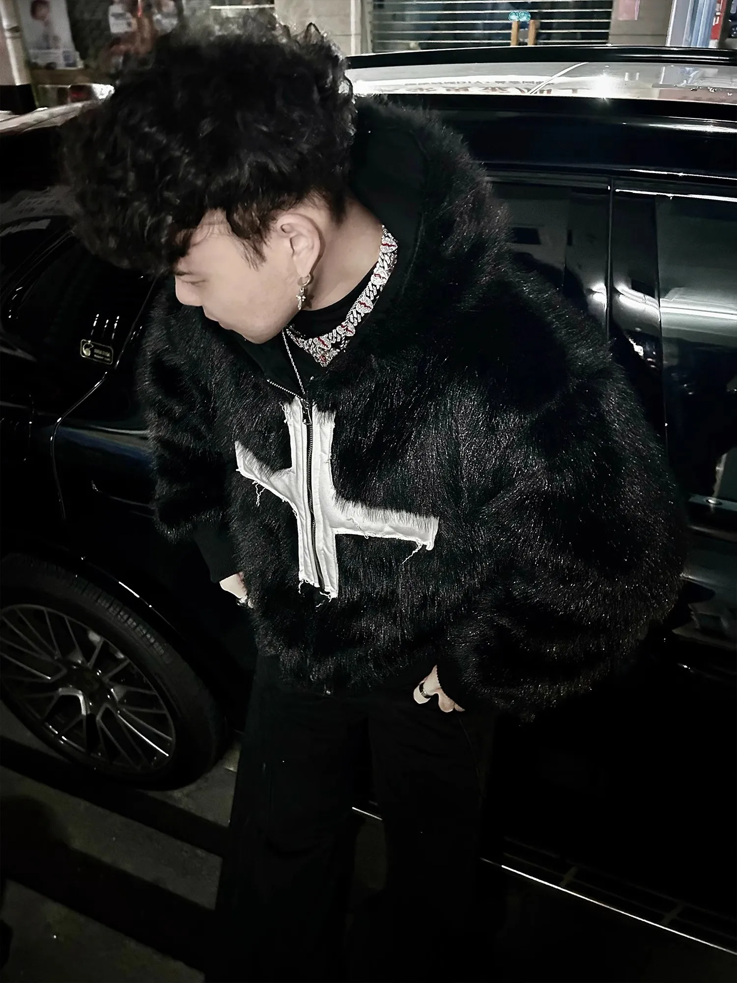Mauroicardi Winter Short Cool Warm Soft Hairy Faux Fur Coat Men with Hood Rivet Luxury Designer Punk Style Clothes Fluffy Jacket
