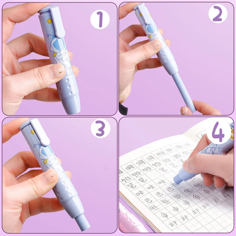 Pen Type Eraser Set Replaceable Core, Cute Cartoon Pencil Erasers for Kids, Retractable Eraser Pencil Rubber Soft Refill Core
