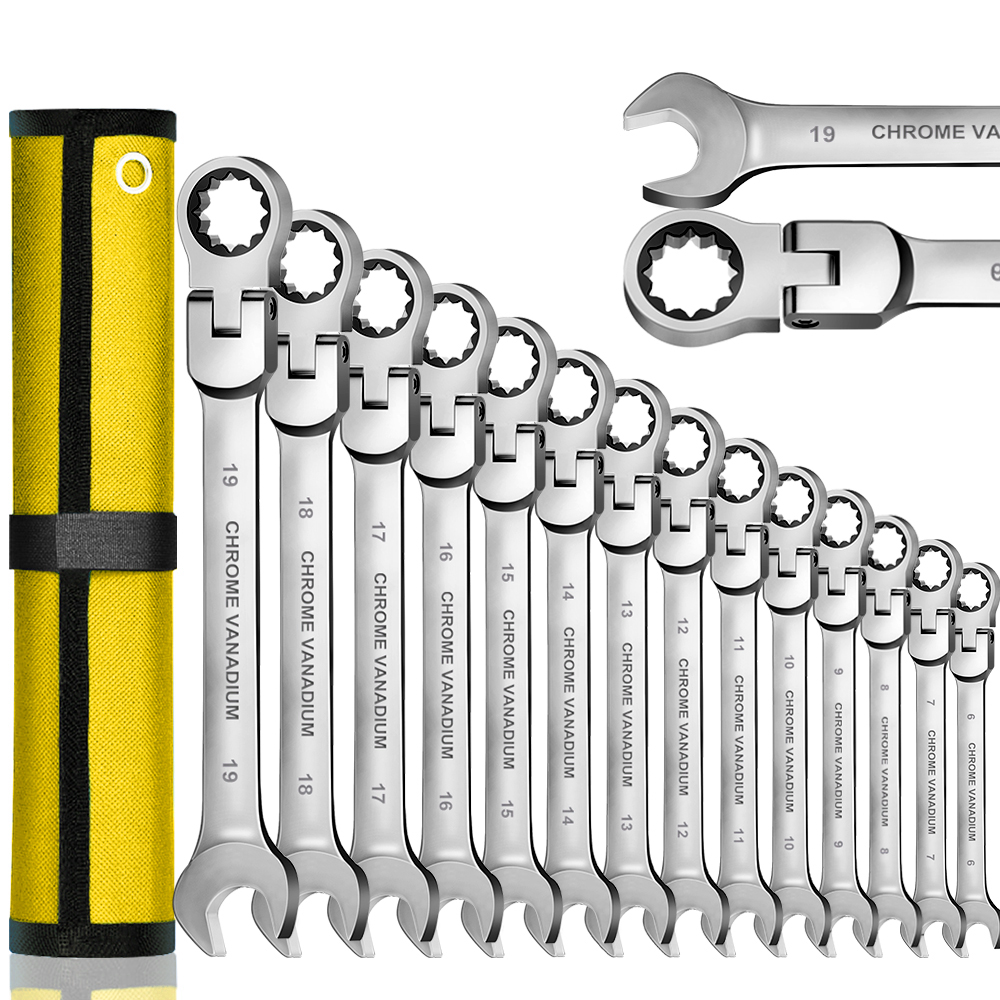 WOZOBUY Flex Head Ratcheting Wrench Set- Metric Ratchet Combination Wrenches CrV Gear Spanner Set Car Key Wrench Repair Tool Set