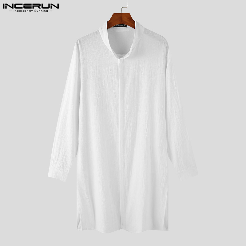 INCERUN-Camisa de manga larga para hombre, caftán musulmán de algodón, ropa de calle árabe e islámica, S-5XL, 2023