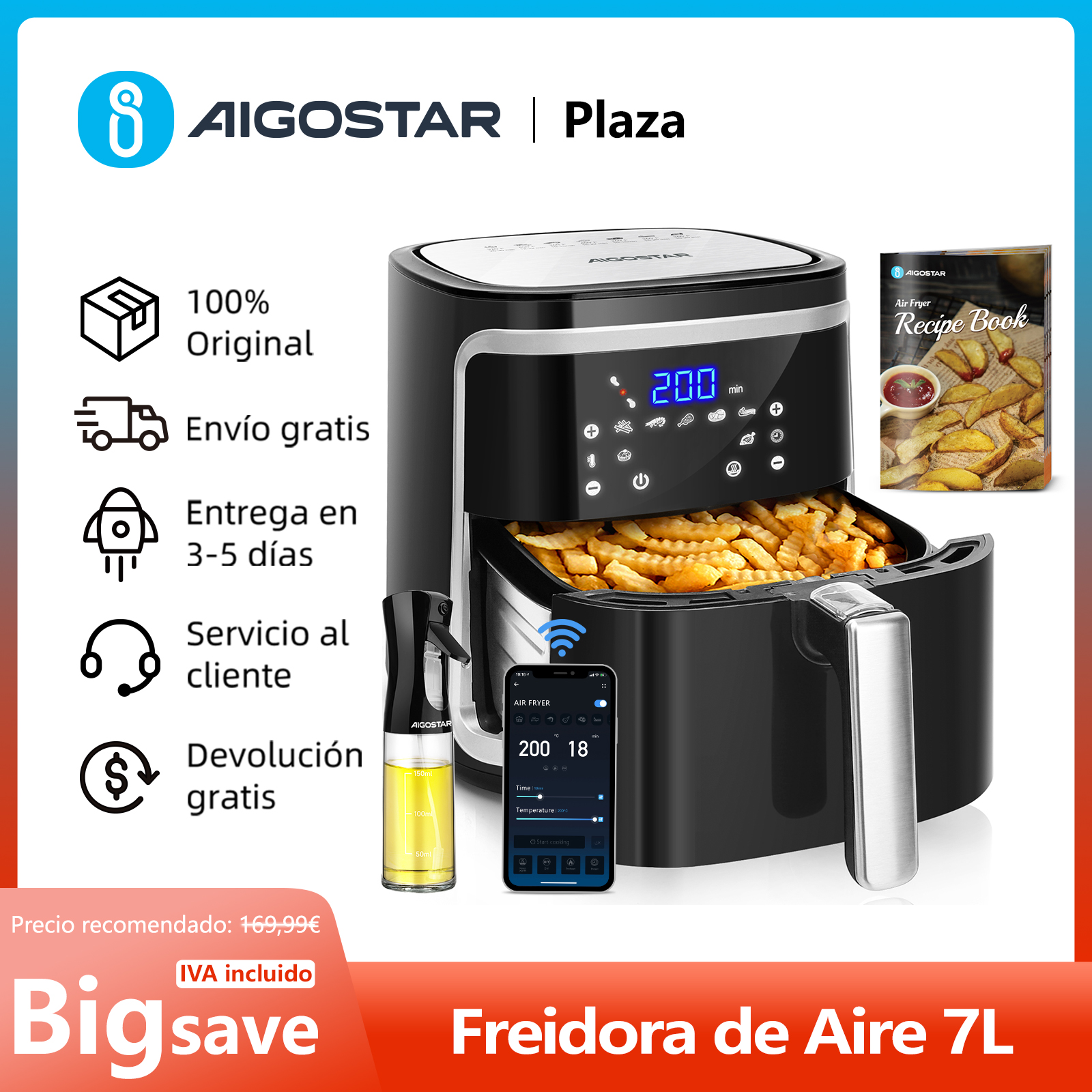AIGOSTAR Freidora de Aire sin Aceite 7L,1900W, Inteligente. Conexión Wifi.Pantalla LED táctil, 7 funciones preestablecidas + mantener caliente y modo manual, Libre de BPA