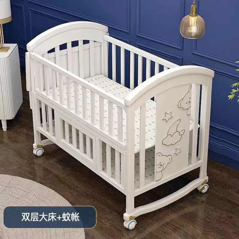 2025Nieuw massief houten babybedje Beweegbaar splitsbed Multifunctioneel babyschommelbed Verstelbare vangrailhoogte met klamboe