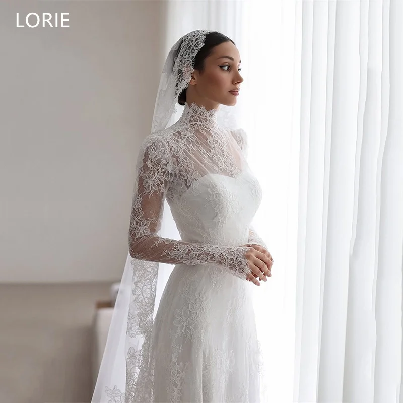 LORIE-vestidos de novia con Apliques de encaje, corte en A, cuello alto, sensación nebulosa, largo hasta el suelo, personalizados, 2025