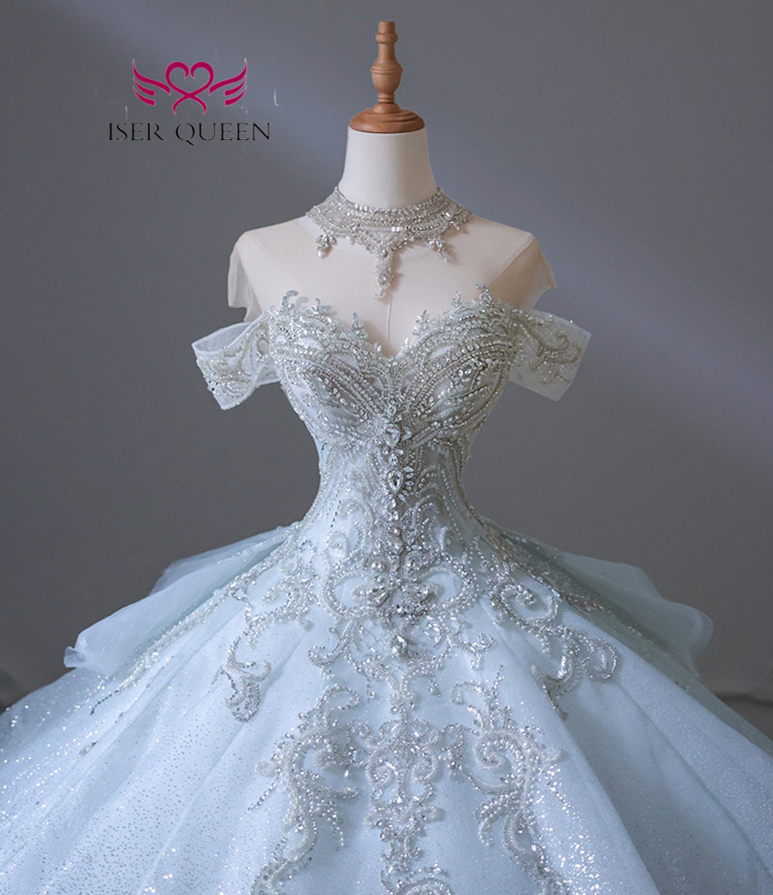 Customized Europe Luxury Wedding Dress 2025 New Heavy Beading Ivory blue Color Lace Up Princess Wedding Dresses For Bride WX0347