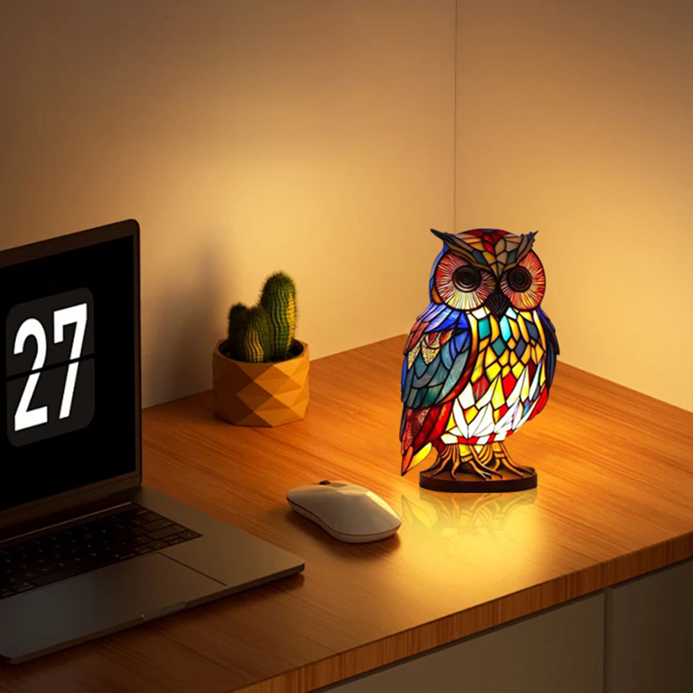 3D Stained Glass Table Lamp Resin Animal Shape Night Light Elephant Wolf Owl Desktop Ornaments Bedroom Atmosphere Light
