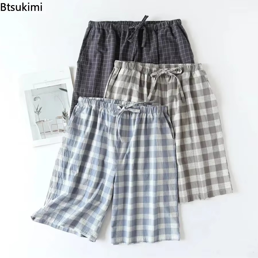 ใหม่ 2025 ชายชุดนอนชุดนอนกางเกงขาสั้นลายสก๊อต 100% Cotton CasualหลวมDouble-Layer Homewearกางเกงนอนชายกางเกง