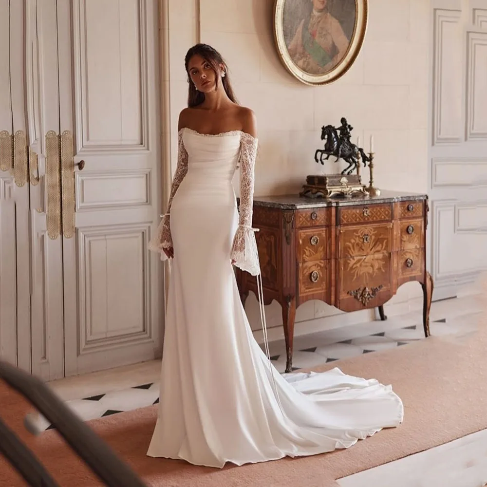Personalizado elegante vestido de noiva 2025 rendas mangas compridas sereia vestido de cerimônia de casamento fora do ombro vinatge vestido de noiva feminino
