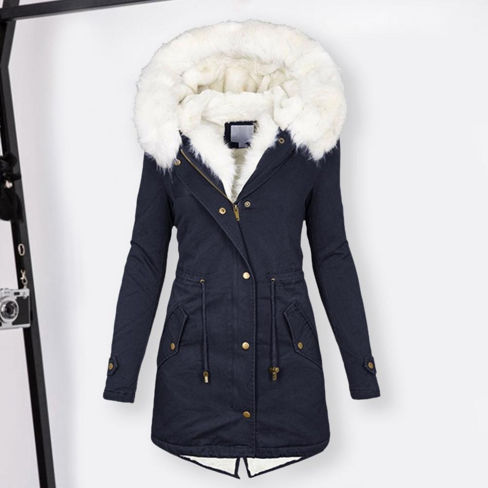 Abrigo clásico suave con cremallera y botones para mujer, abrigo ajustado con capucha de algodón acolchado de longitud media, chaqueta de invierno resistente al frío