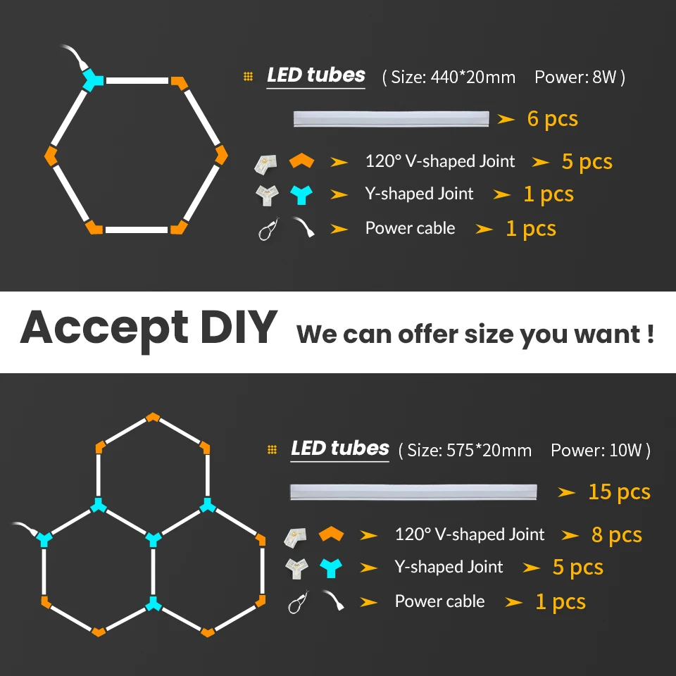 Tubo LED DIY, luz LED tipo panal, lámpara hexagonal personalizada para garaje, AC85-265V, iluminación de techo para taller, barbería, estudio de oficina