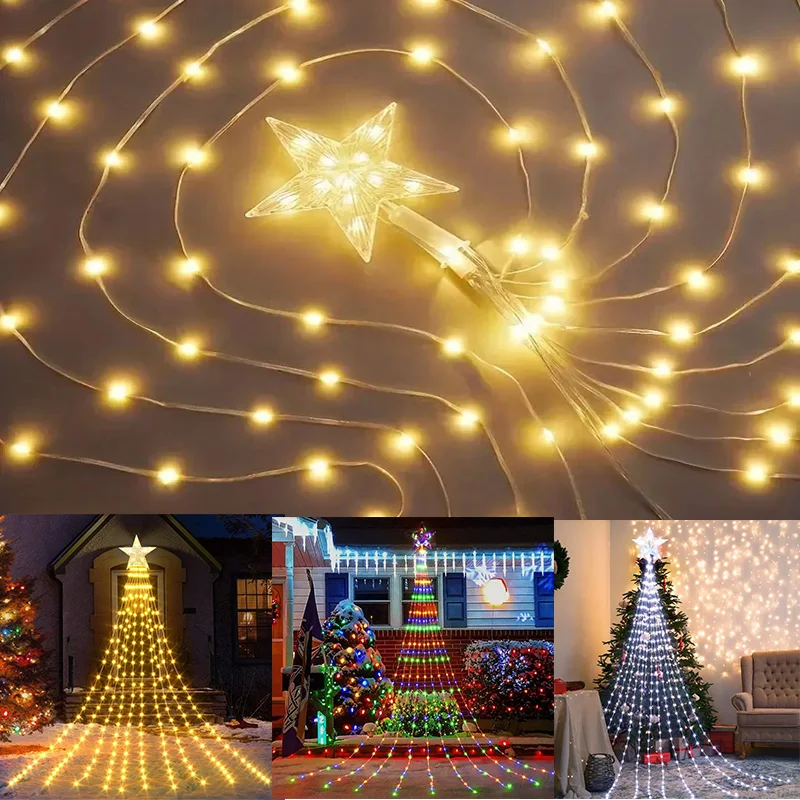 Pentagrama impermeable cadena de luz Solar decoraciones navideñas 3M/2M Led cascada árbol Hada lámpara 8 modos Camping luces navideñas