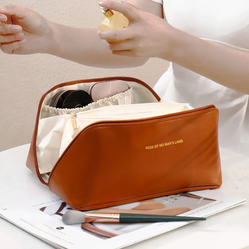 Neceser de viaje de gran capacidad para mujer, bolsa de maquillaje portátil de PU, bolso de baño impermeable, Kit de aseo multifuncional