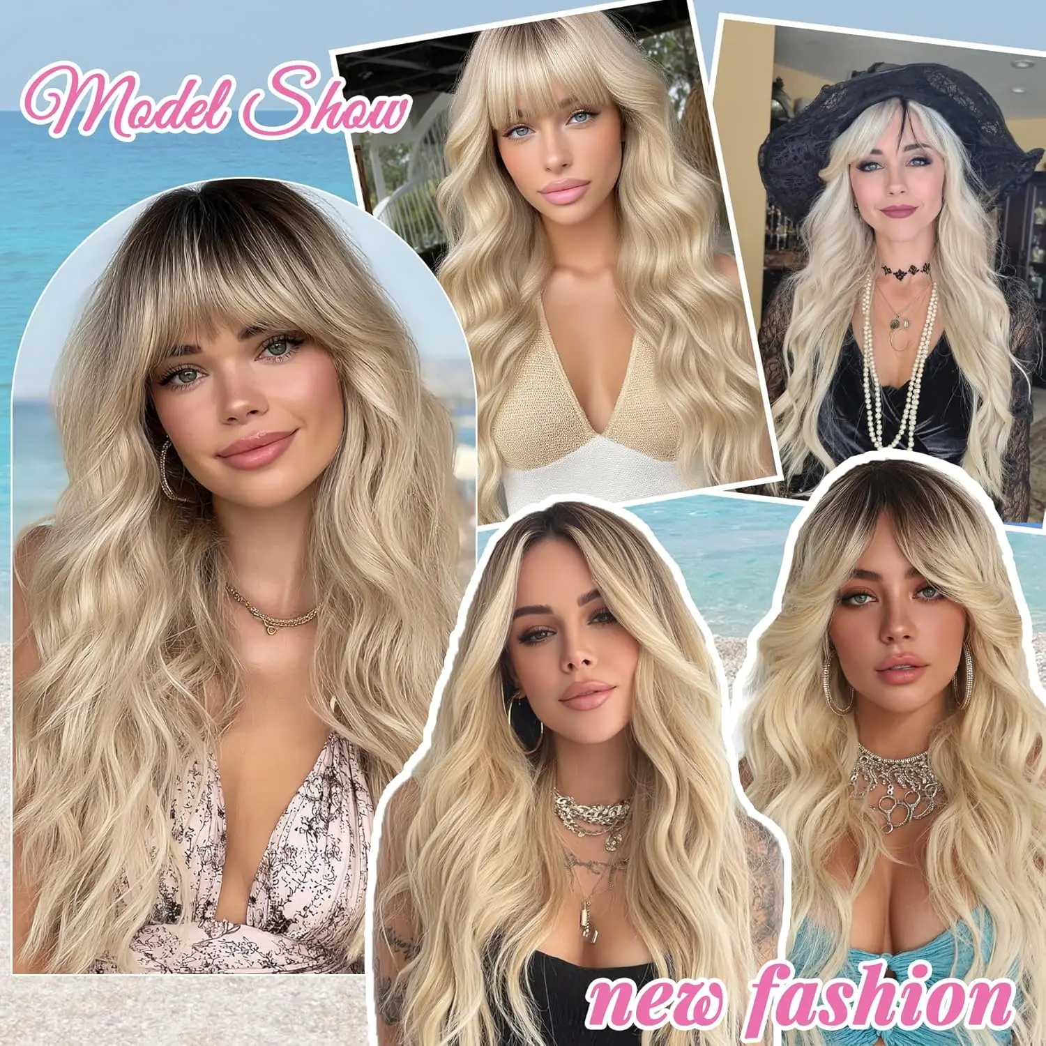 Ombre Blonde Perücke mit Pony, lange gewellte Perücke, platinblonde Perücken für Frauen mit dunklen Wurzeln, natürliche synthetische Perücken, lockiges Haar