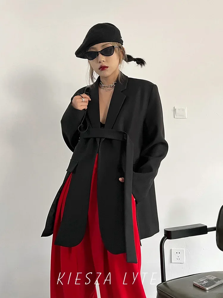 Blazers estilo rua feminino, design criativo, cintura com cinto, estilo europeu e americano com bainha dividida, nova chegada, 2024