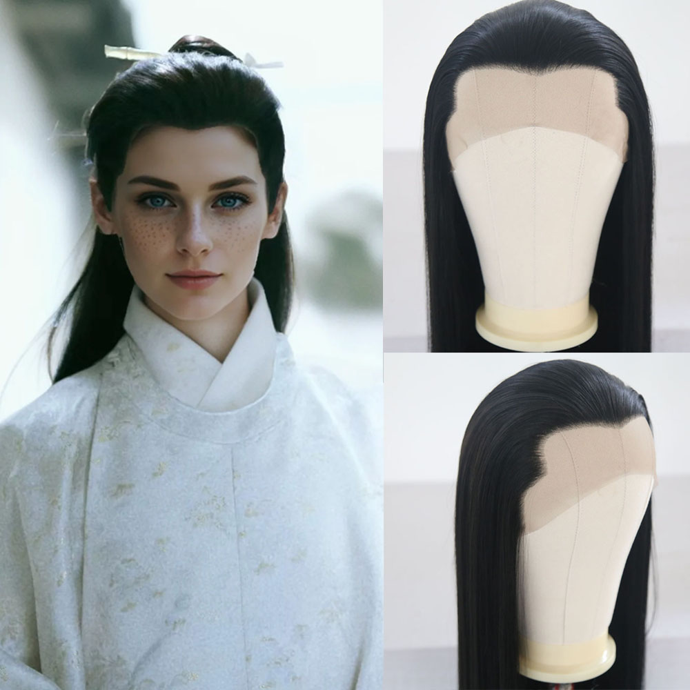 RONGDUOYI コスプレウィッグ白合成レースフロントウィッグ女性または男性使用ロングストレートヘア黒シルキーストレートナチュラル毎日