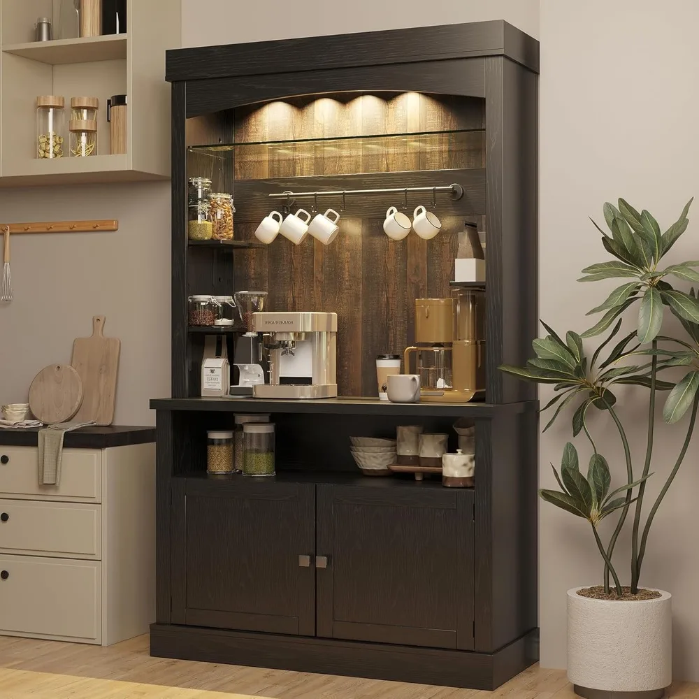 Coffee Bar Cabinet with LED Lights 72" Tall Buffet Cabinet with Storage Farmhouse Kitchen Sideboard