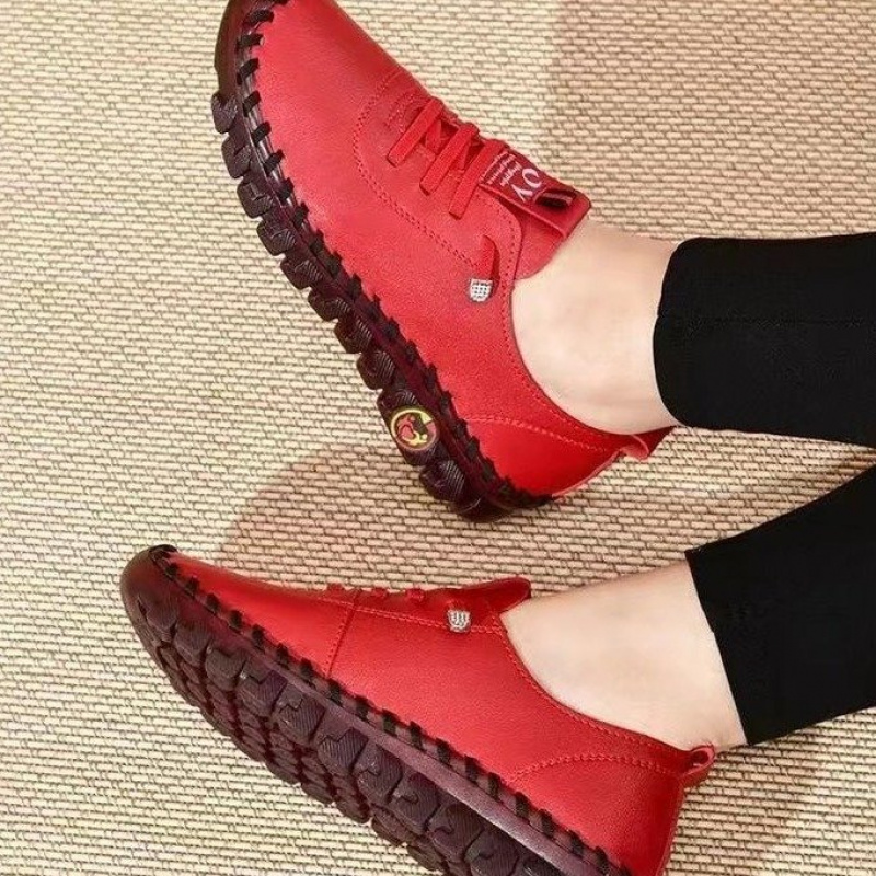 2025, Frühling und Herbst, handgenähte Einzelschuhe, große Damenschuhe, Mutterschuhe mittleren Alters, weiße Schuhe, flache Freizeitschuhe