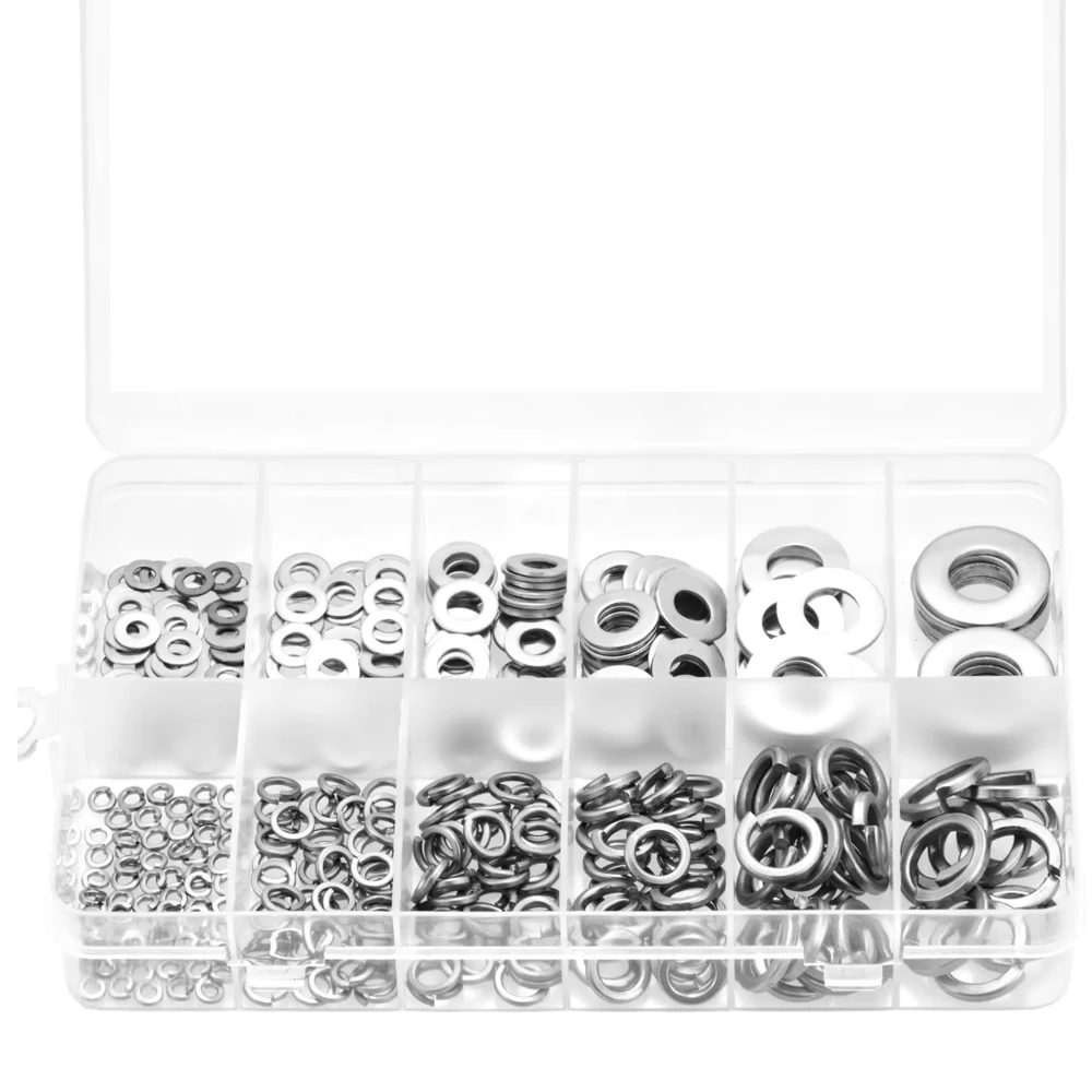 260pcs 잠금 및 플랫 와셔 구색 키트 스테인레스 스틸 M3 M4 M5 M6 M8 M10 스프링 잠금 와셔 및 플랫 와셔 세트
