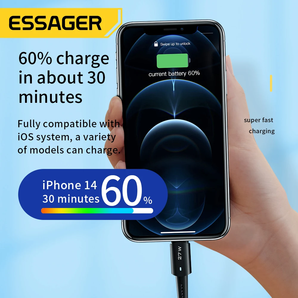 Essager-Cable USB tipo C para IPhone 14, 13, 12, 11 pro Max, XS, 20W, Cable de carga rápida tipo C a Cable de fecha de iluminación para iPad y Macbook