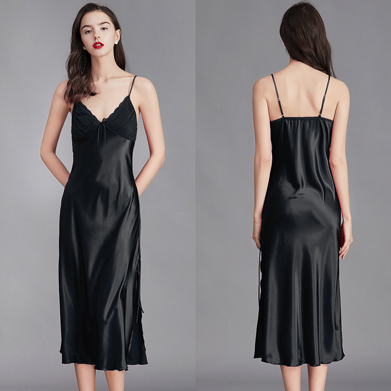 Váy Ngủ Nữ Tay Dài Đêm Áo Choàng Lụa Satin Chemise Quần Lót Trơn Trượt Đầm Váy Ngủ Gợi Cảm Giấc Ngủ Áo Sơ Mi Nữ