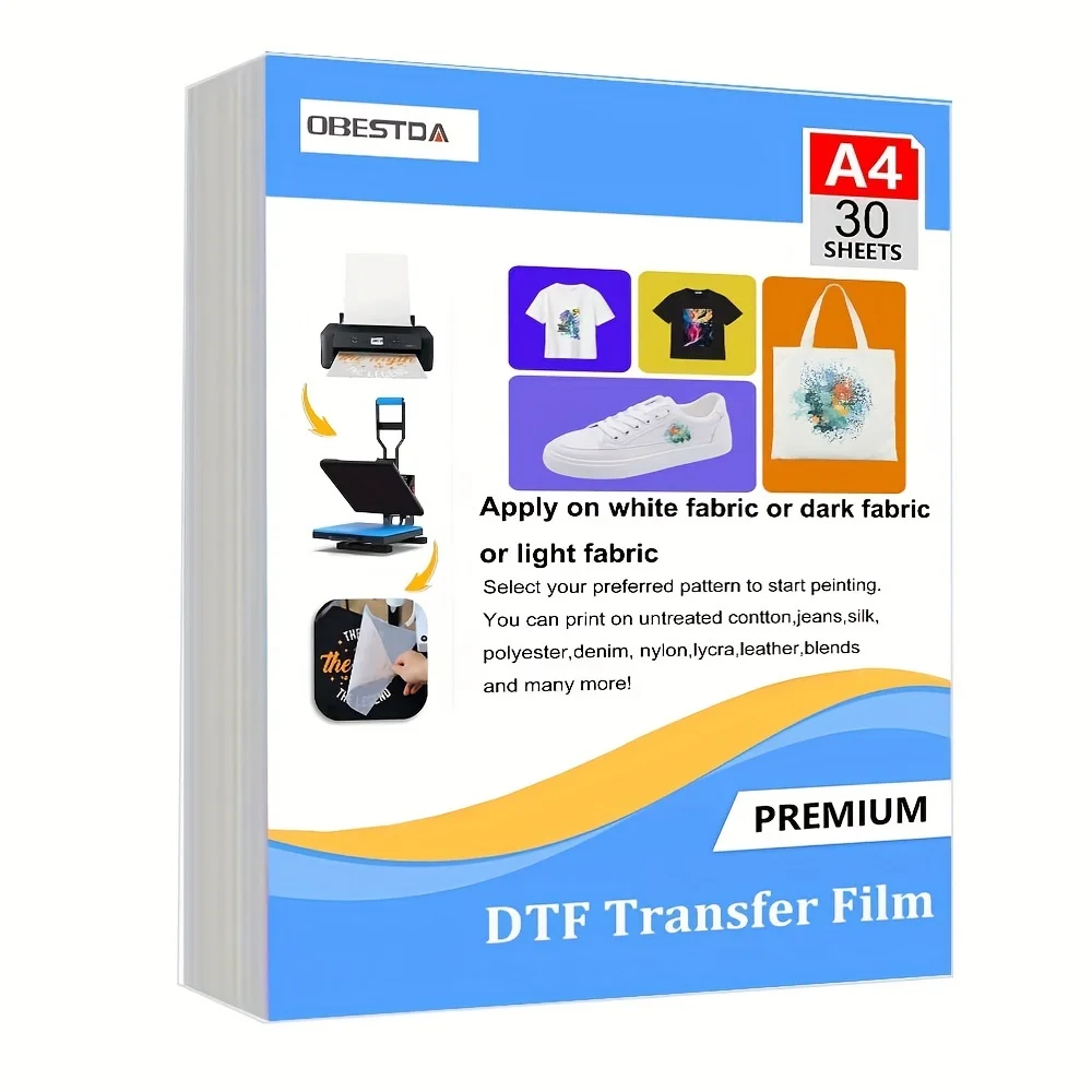 A4 30 Pezzi Pellicola di Trasferimento DTF PET Carta per Trasferimento di Calore Fogli di Pretreat Trasparenti a Doppio Lato Opaco per Fai da Te Direttamente su Borse per T-shirt