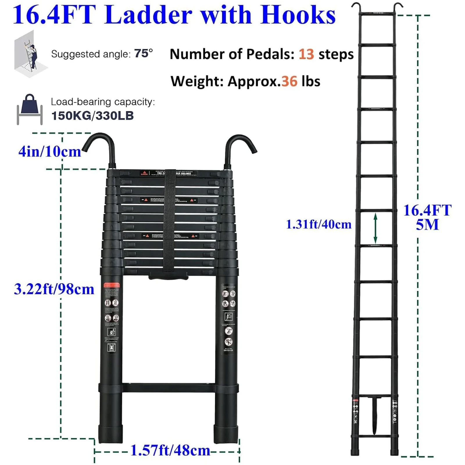 Black 5M Heavy Duty Telescopic Ladders 16.4FT Home Aluminum Extendable Roof Ladder With Detachable Hooks, Certificated EN131