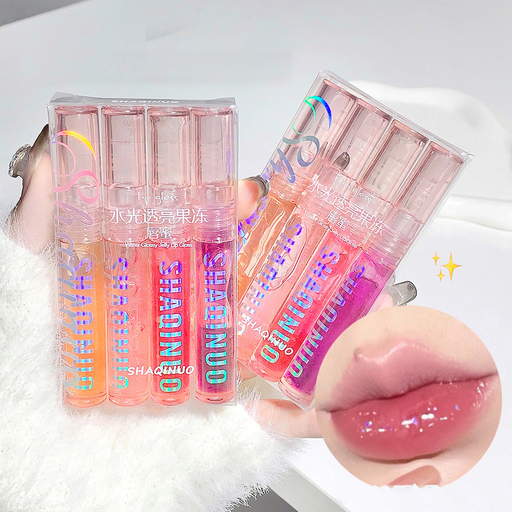 Espelho Jelly Lip Gloss, Lábios Hidratantes, Shimmers com Pérolas Finas, Ilumina a Cor dos Lábios, 4 Pcs