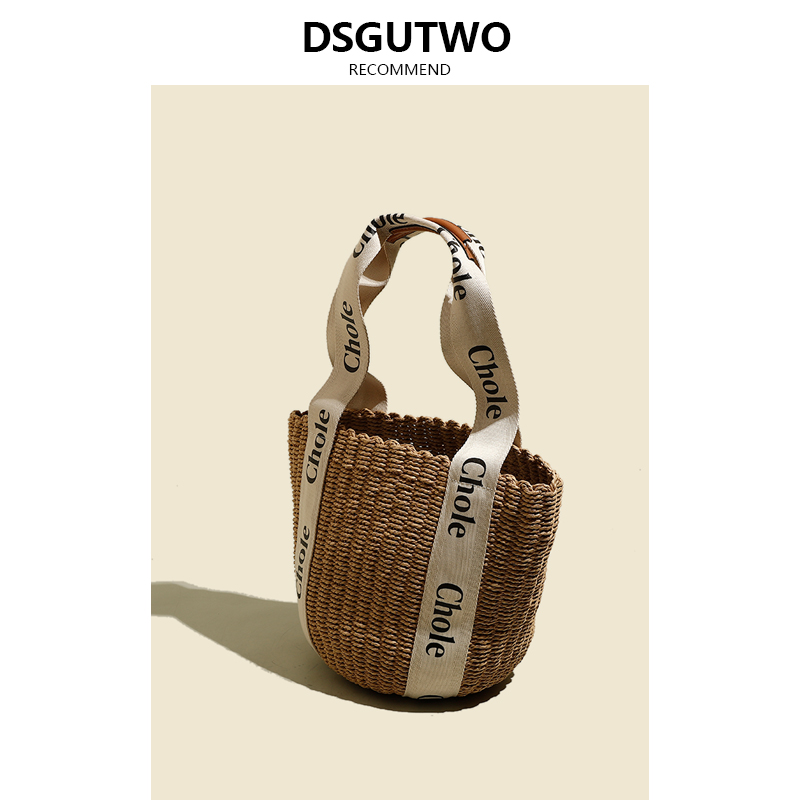 DSGUTWO Handwoven Straw Bag Large Capaci Casual Summer Women's New Sle Vacation Shoulder Bag Soft round Cylinder Shape