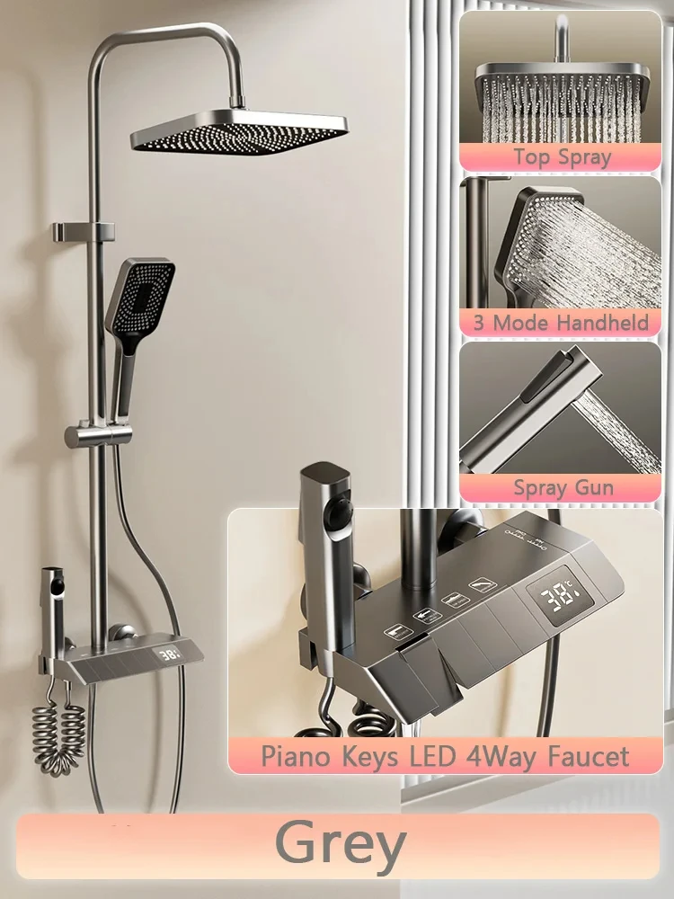 Sistema de ducha con llave de Piano, juego de ducha de baño, pistola de ceniza, bañera, grifo de ducha fría y caliente, juego de ducha con grifo de cobre digital LED