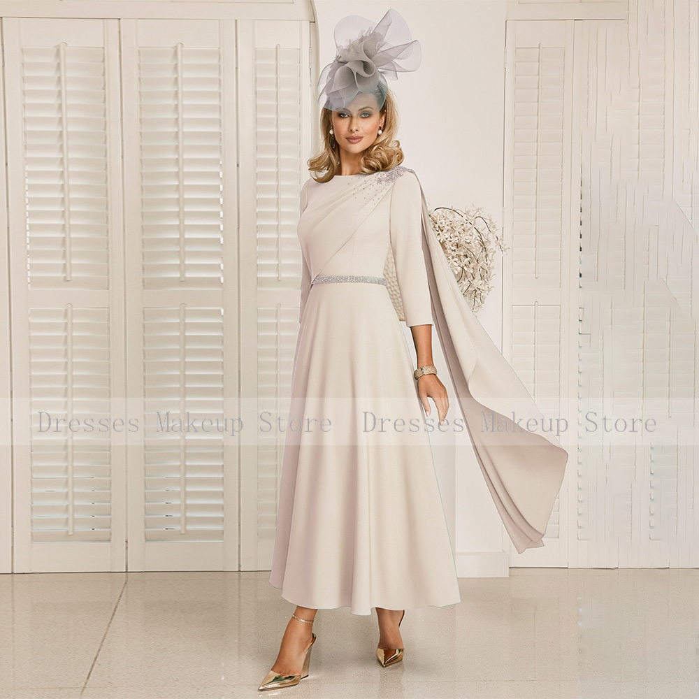 Mutter der Braut Kleid für Hochzeiten knöchel langen O-Ausschnitt Ärmel eine Linie Perlen Gürtel Apfel grün kurze Hochzeit Gast kleider