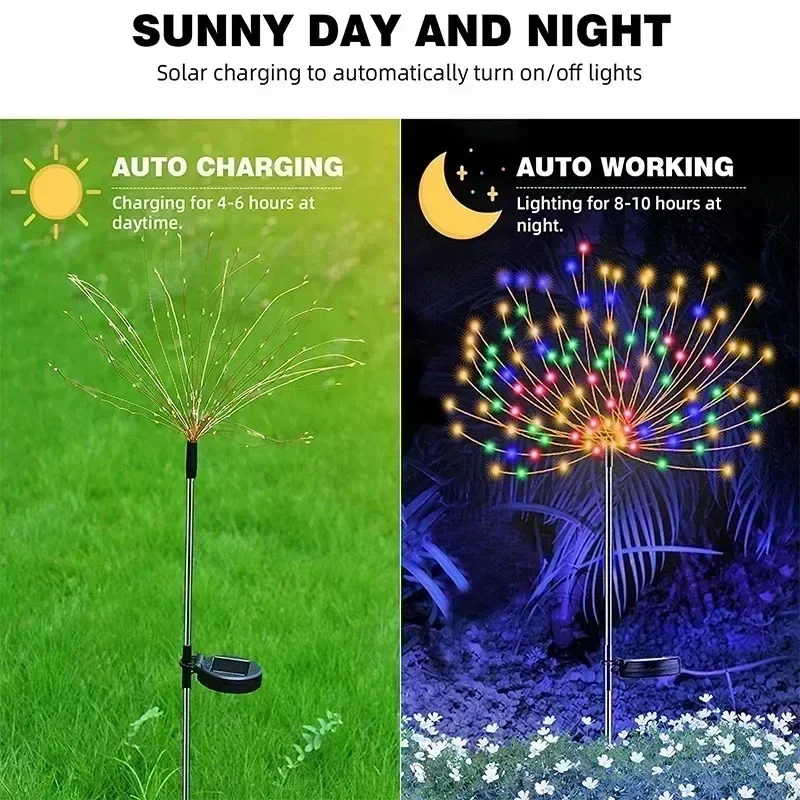Luces de hadas de fuegos artificiales solares, 60 LED, decoración de jardín al aire libre, 8 modos intermitentes, luces para camino de césped, Patio, fiesta, Navidad, boda