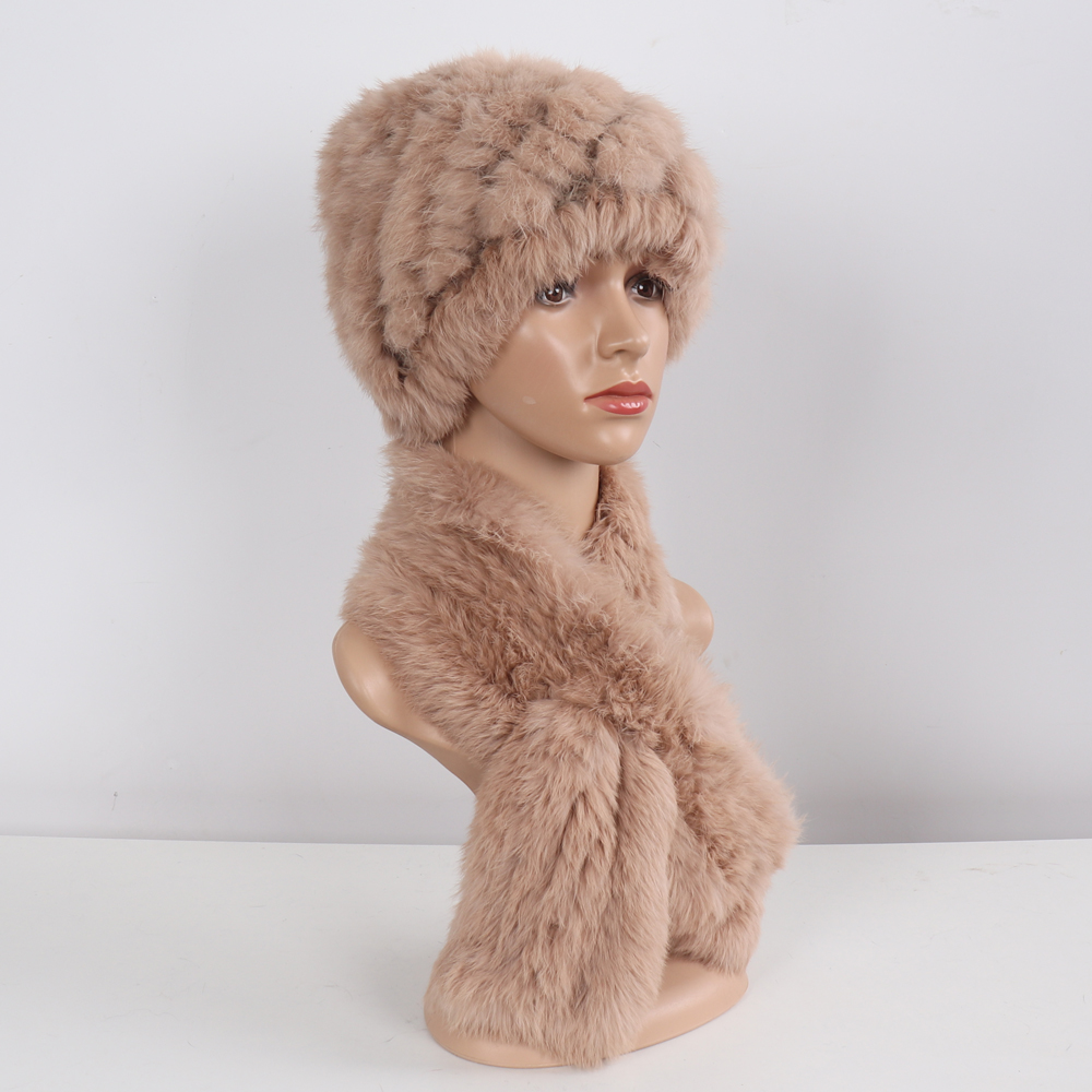 Hot Koop Vrouwen Winter Echt Konijnenbont Muts Sjaal Sets Natuurlijke Konijnenbont Muts Sjaals Dame Warm Echt Konijnenbont Cap Uitlaat 2-delig