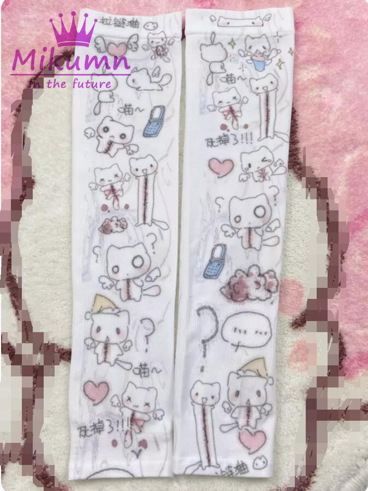 Mikumn Harajuku Y2k-guantes largos con estampado japonés Kawaii, mangas protectoras para brazos, protector solar de verano, cubierta de seda helada, guantes sin dedos