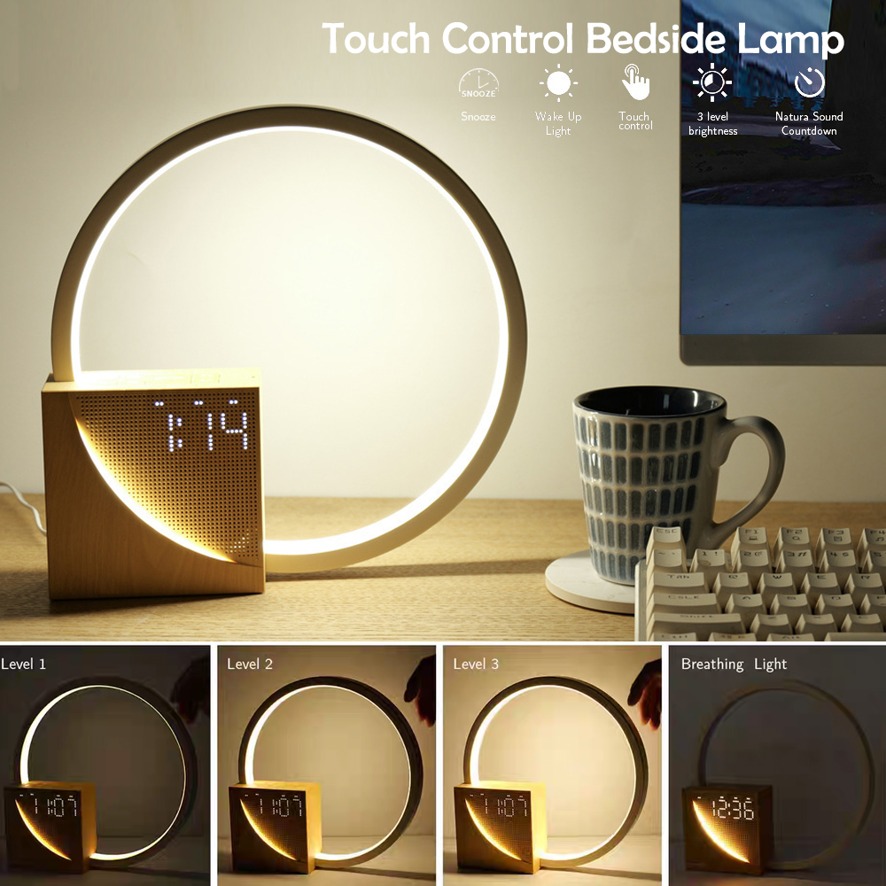 Luz noturna led com despertador, ruído branco, som natural, luz para dormir, 3 níveis, regulável, toque, lâmpada de mesa para quarto