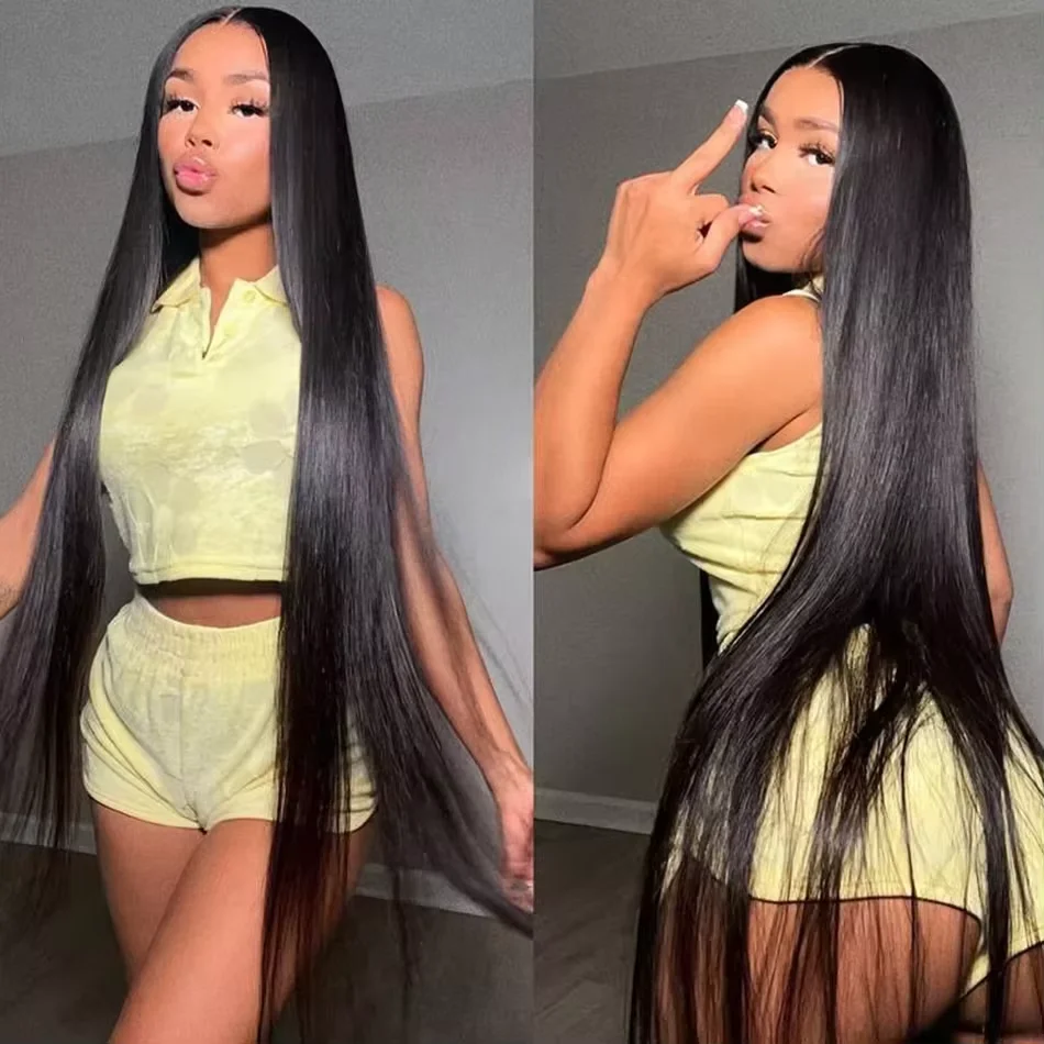40 42 46 inches 200 Density Straight 13x6 HD Transparent Lace Natural Color Brazilian Human Hair Wig For Women Frontal Lace Wig