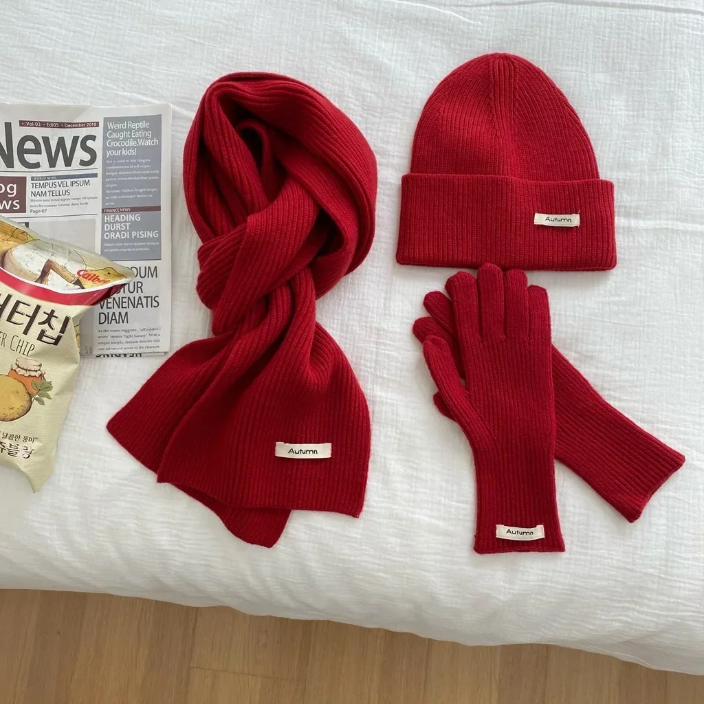 Solide chaud automne hiver 2025 femmes tricoté chapeau écharpe gant ensemble mode vert bleu rouge belle 3 pièces chapeau et gants ensembles femmes