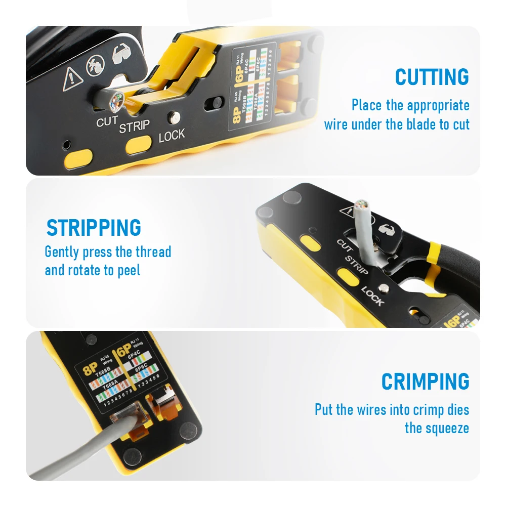 EASY-Type RJ45 Network Crimper - 3-in-1 Crimp/Cut/Strip Lan CAT6A/6/5E (STP/UTP) & RJ11/12 Tel Modular Cable