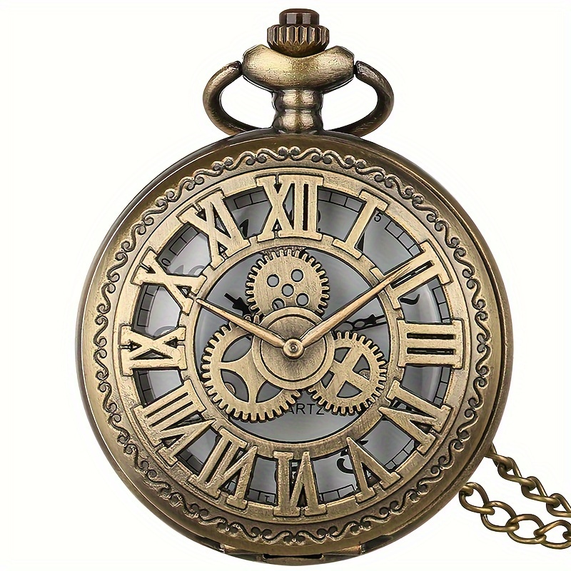 Vintage Hollow Steampunk Gear Design Quartz Pocket Watch with Necklace Pendant, World-Time Feature, Pointer Display Pocket Watch
