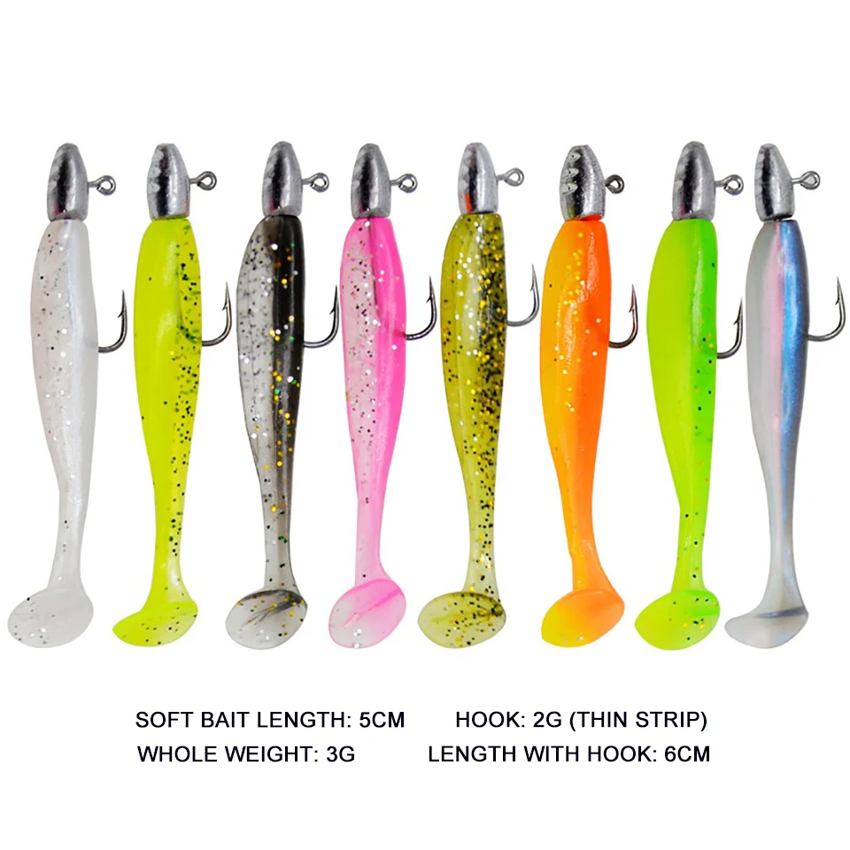 5 unids/lote cebo de Pesca suave con cola en T combinado con anzuelos de cabeza de anzuelo Wobblers artificiales Swimbait aparejos de Pesca para Lucio Pesca