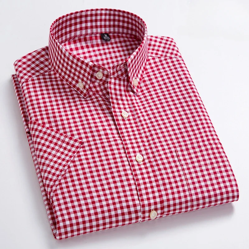 Neu im Hemd Höhe 100% Baumwolle Sommer Kurzarm hemden für Männer Slim Fit Hemd dünne karierte Hahnen tritt weiche Büro kleidung