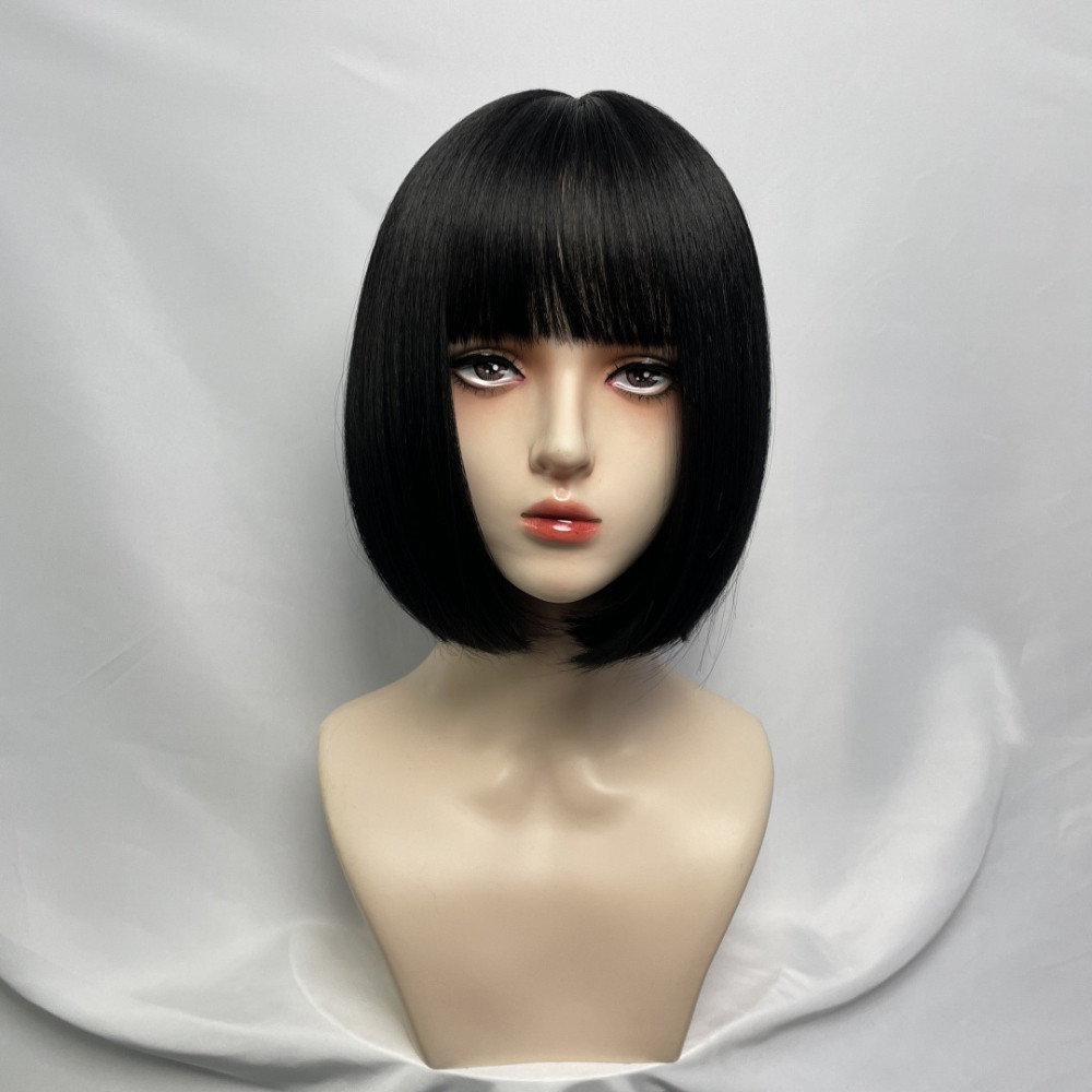 Peluca sintética de cabeza Bobo de longitud corta para mujer, flequillo fresco a la moda, cubierta completa para la cabeza, pelo Artificial negro