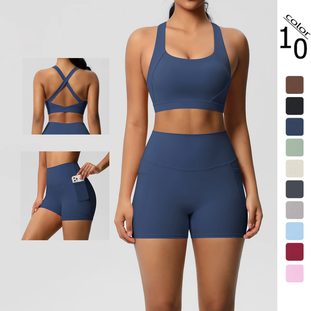 2PCS Sportswear Mit Taschen Yoga Set Gymnastik Kleidung Yoga Anzüge Für Frauen Trainingsanzüge Sport Shorts Crossover Bh Gym Leggings
