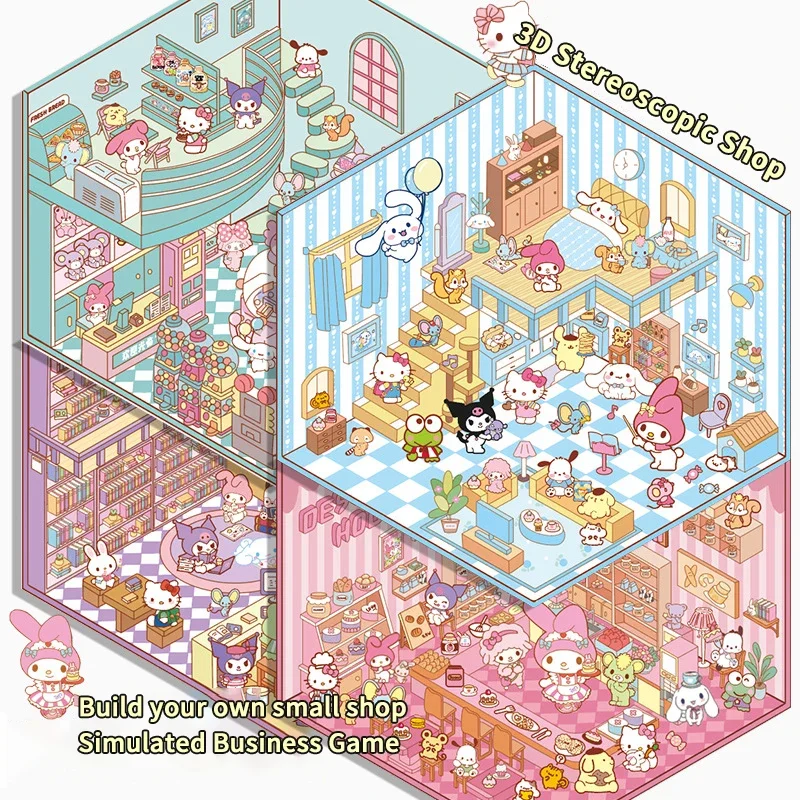 1 Juego de pegatinas 3D de dibujos animados Sanrio Hello Kitty DIY escena de cabina tridimensional apilamiento pegado cuenta de mano pegatina juguetes para niños