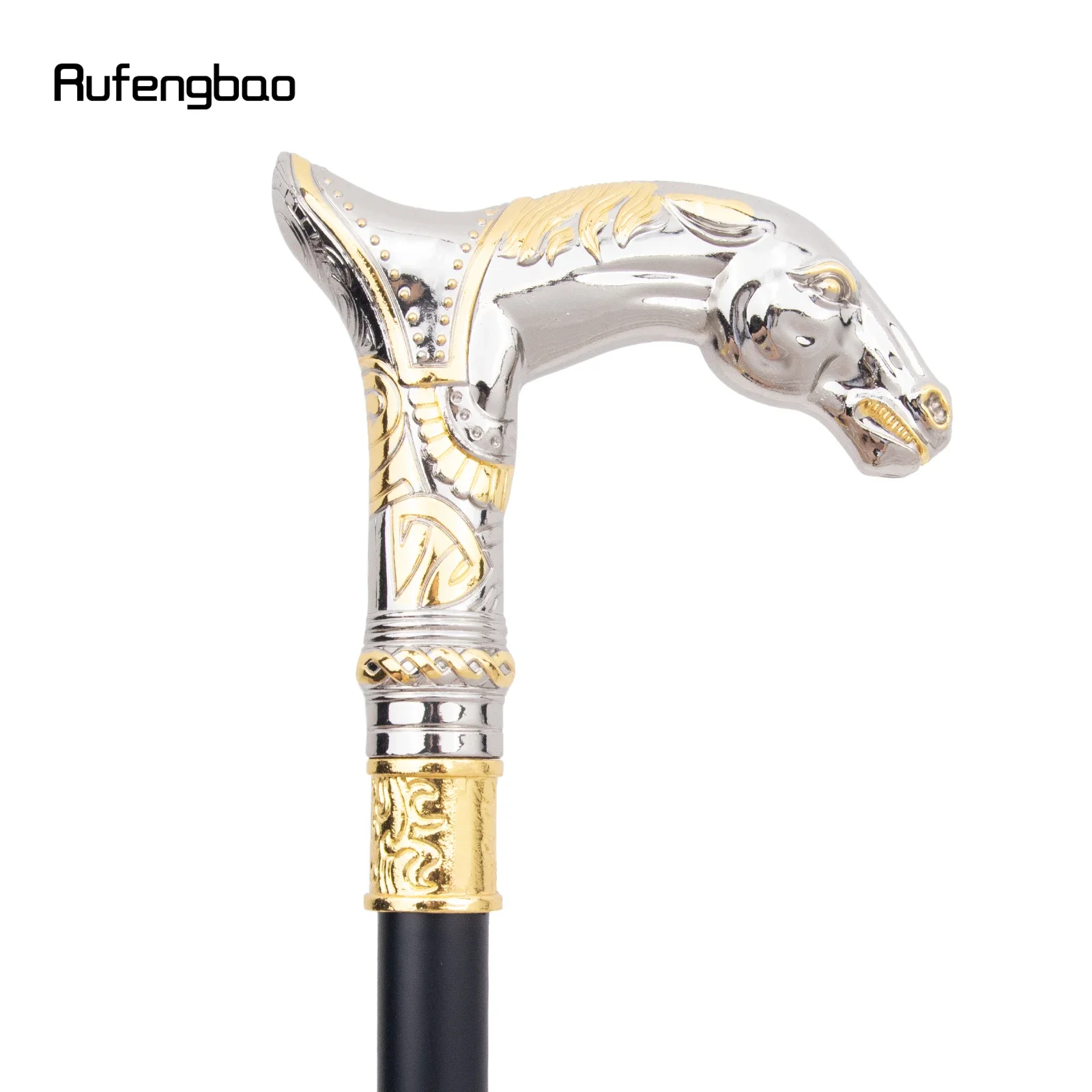 Goldener weißer Pferdekopf-Tier-Gehstock mit versteckter Platte, Selbstverteidigung, modischer Gehstock, Platte, Cosplay, Crosier-Stick, 92 cm