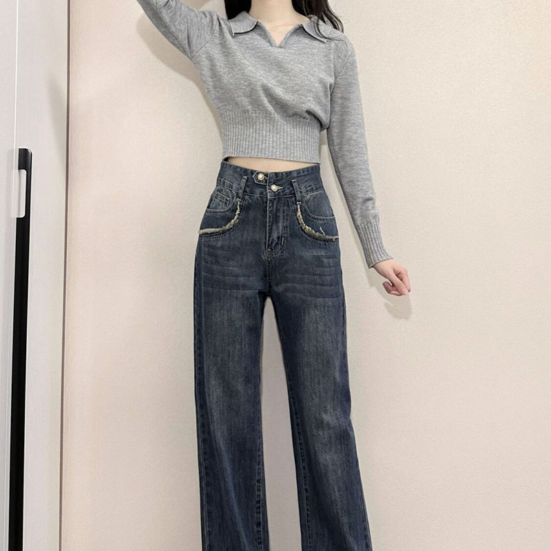 Xpqbb 韓国シックなターンダウンカラーセーター女性グレースリムフィット長袖クロップドセーター女性のためのストリートニットプルオーバー