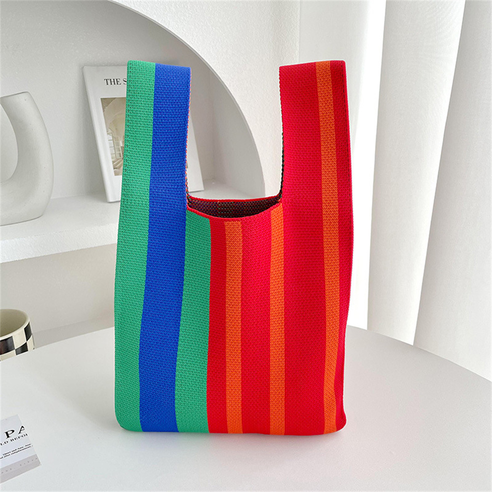 Bolso de mano japonés a rayas finas a cuadros para mujer, Mini bolso de muñeca con nudo, bolso de punto hecho a mano de Color informal, bolso de compras reutilizable, monedero para llaves