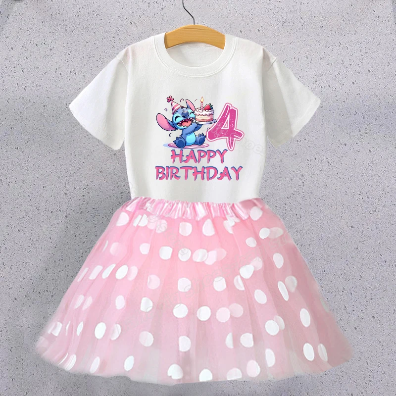 Lilo Stitch วันเกิด T เสื้อสาวเสื้อผ้าชุดน่ารักพิมพ์ Tees + กระโปรงเด็กเสื้อผ้าชุด Polka Dot กระโปรงเสื้อ 2 ชิ้นชุด